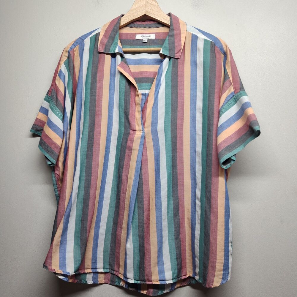 Madewell Courier Top Women L Red Stripe Short Sleeve Cotton Preppy Casual